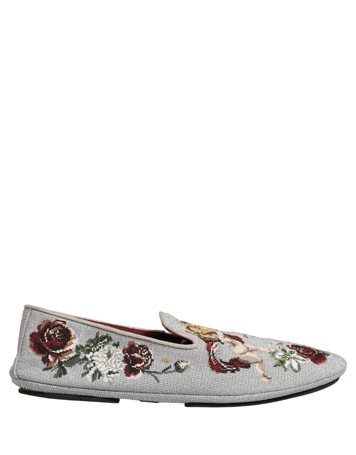 Men’s Dolce &amp; Gabbana Gray Crown Rose Angel Embroidery Loafer Shoes