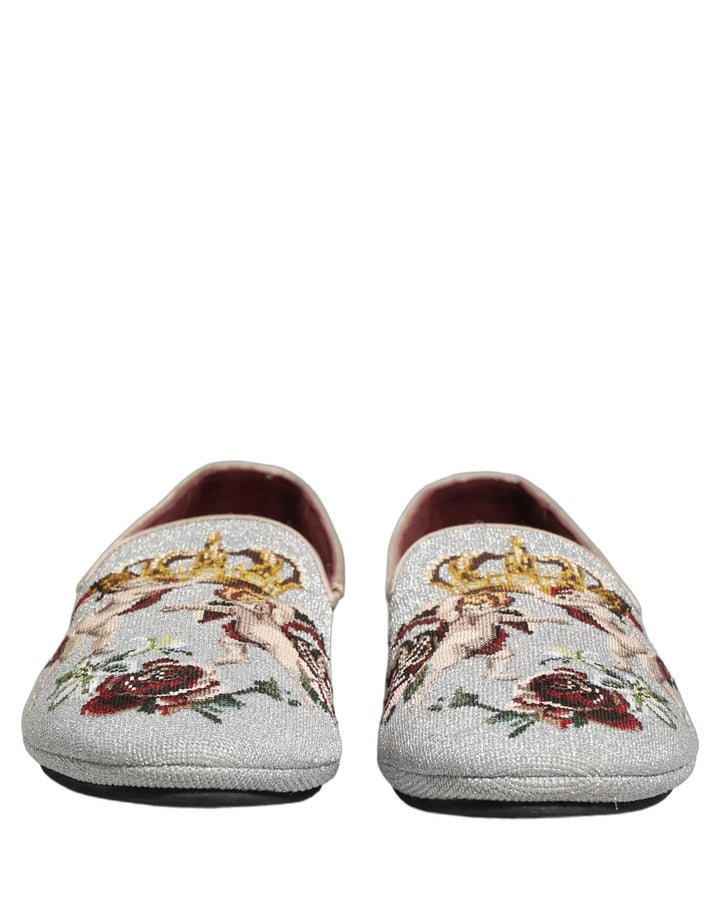 Men’s Dolce &amp; Gabbana Gray Crown Rose Angel Embroidery Loafer Shoes