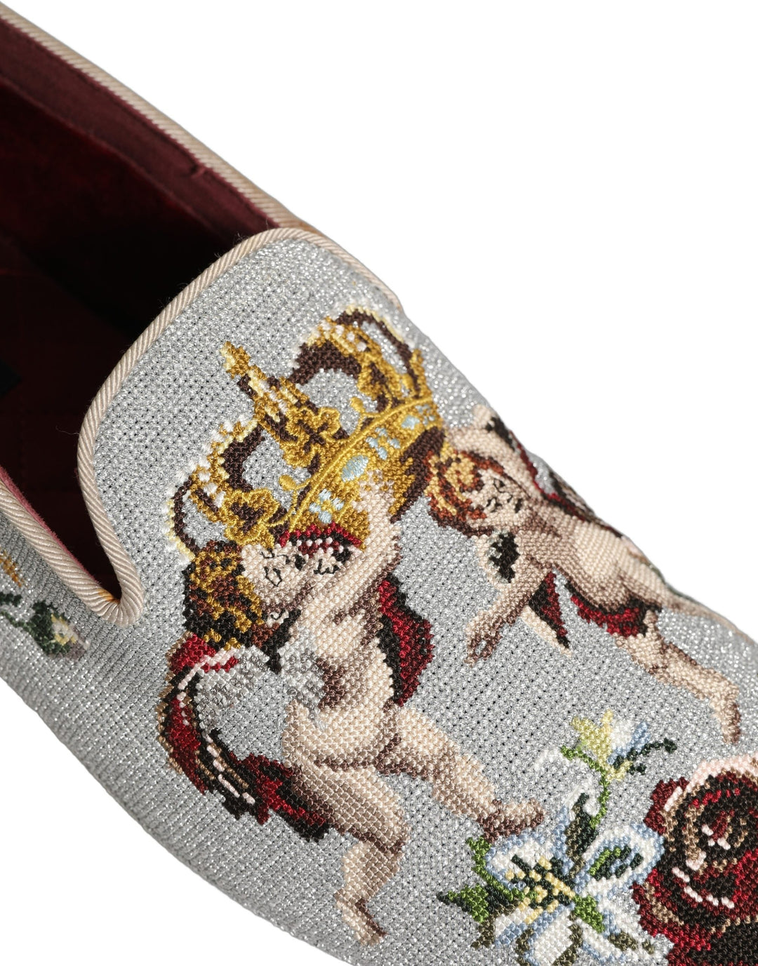 Men’s Dolce &amp; Gabbana Gray Crown Rose Angel Embroidery Loafer Shoes