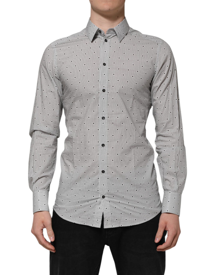Dolce &amp; Gabbana Gray Dotted Semi Fitted Gold Men Formal Shirt