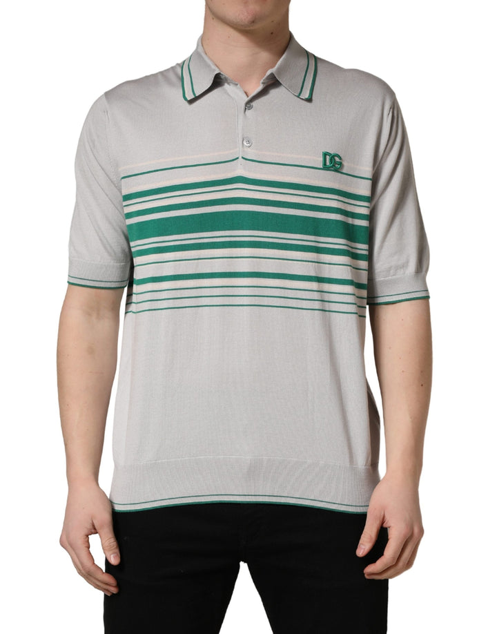 Dolce &amp; Gabbana Gray Green Striped Logo Silk Polo T-shirt