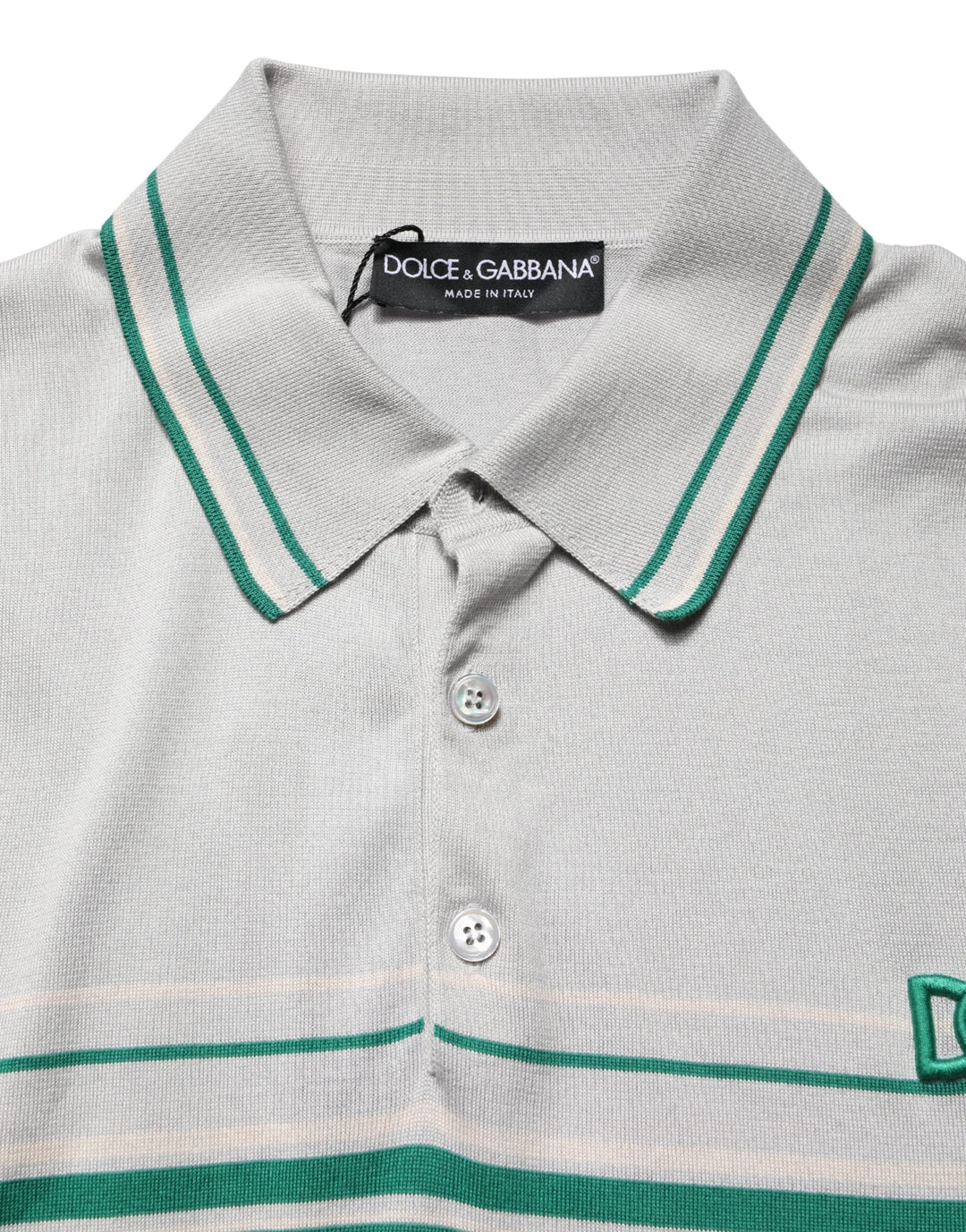 Dolce &amp; Gabbana Gray Green Striped Logo Silk Polo T-shirt