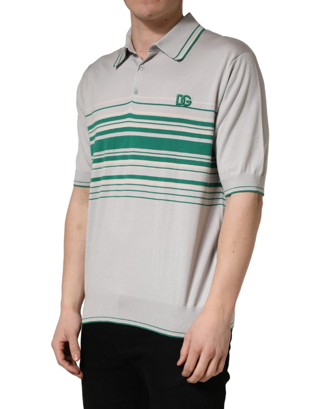 Dolce &amp; Gabbana Gray Green Striped Logo Silk Polo T-shirt