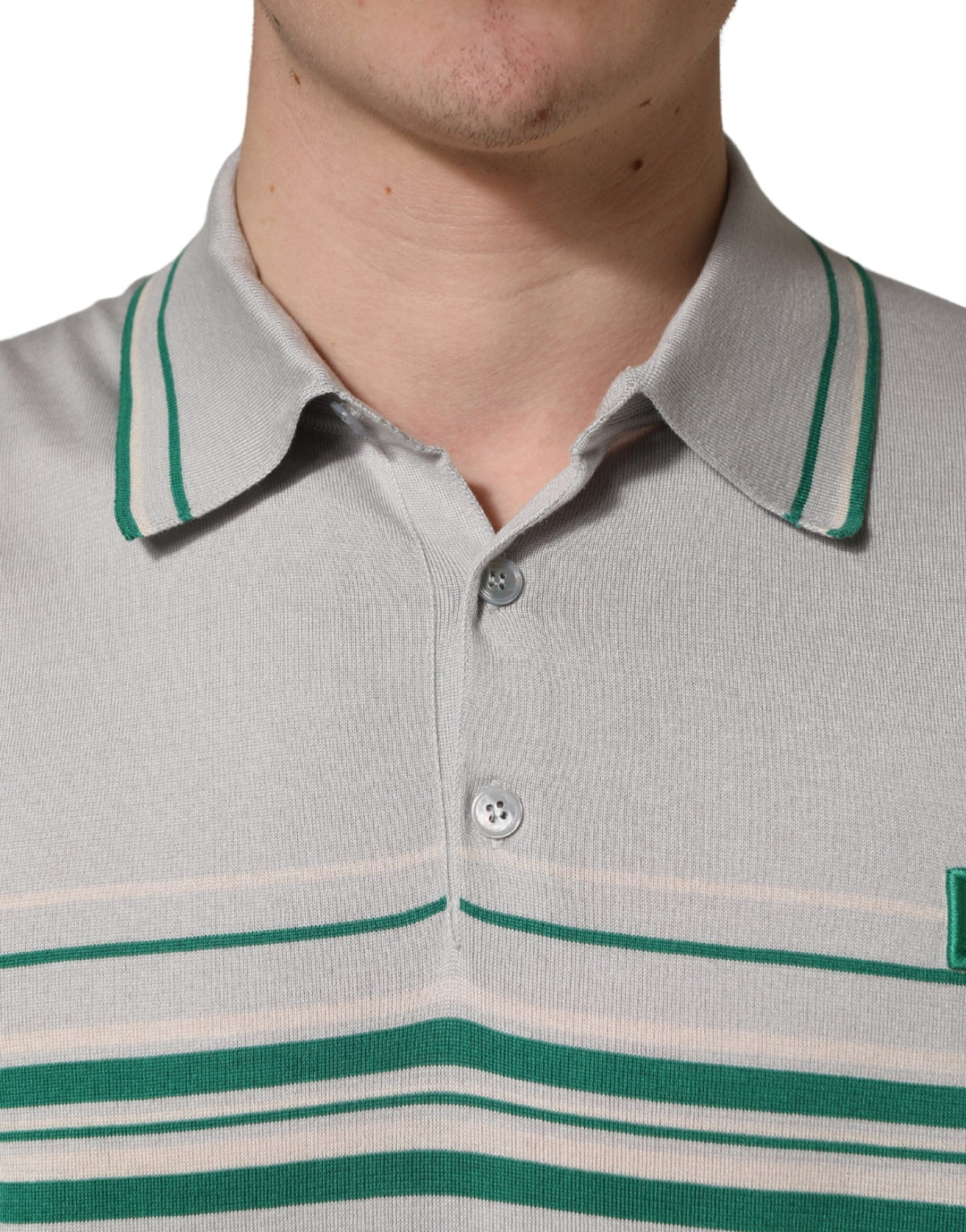 Dolce &amp; Gabbana Gray Green Striped Logo Silk Polo T-shirt