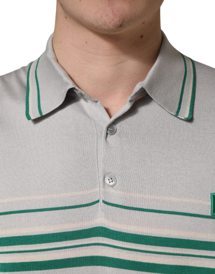 Dolce &amp; Gabbana Gray Green Striped Logo Silk Polo T-shirt