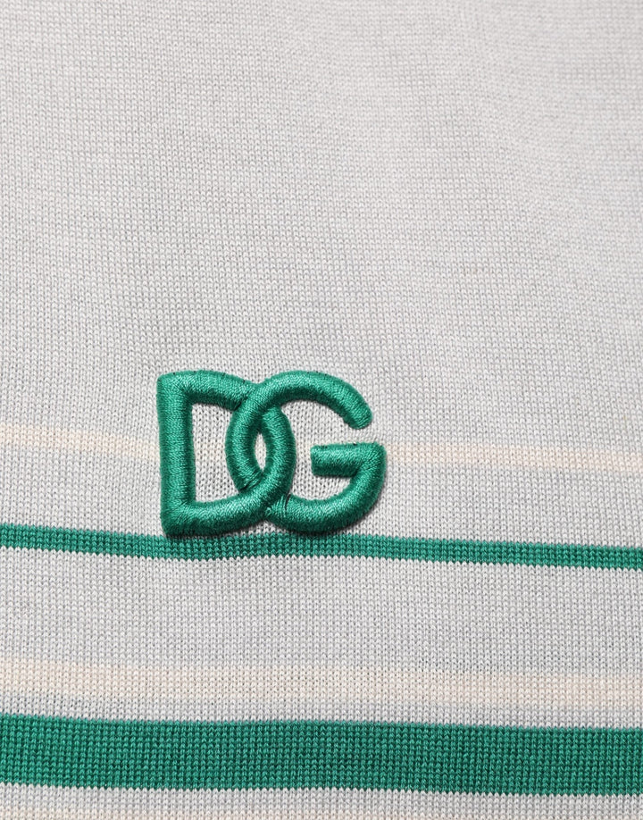 Dolce &amp; Gabbana Gray Green Striped Logo Silk Polo T-shirt