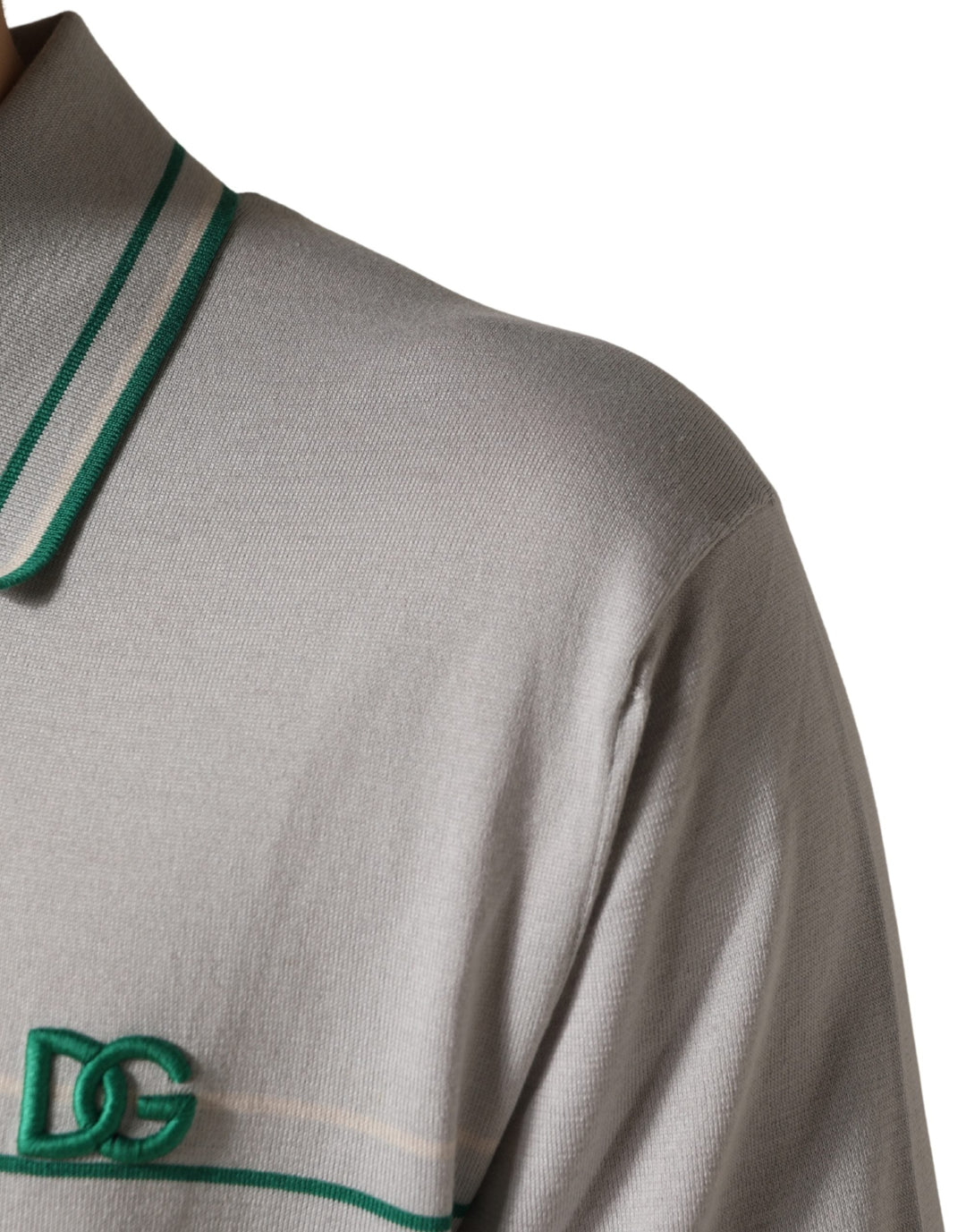 Dolce &amp; Gabbana Gray Green Striped Logo Silk Polo T-shirt