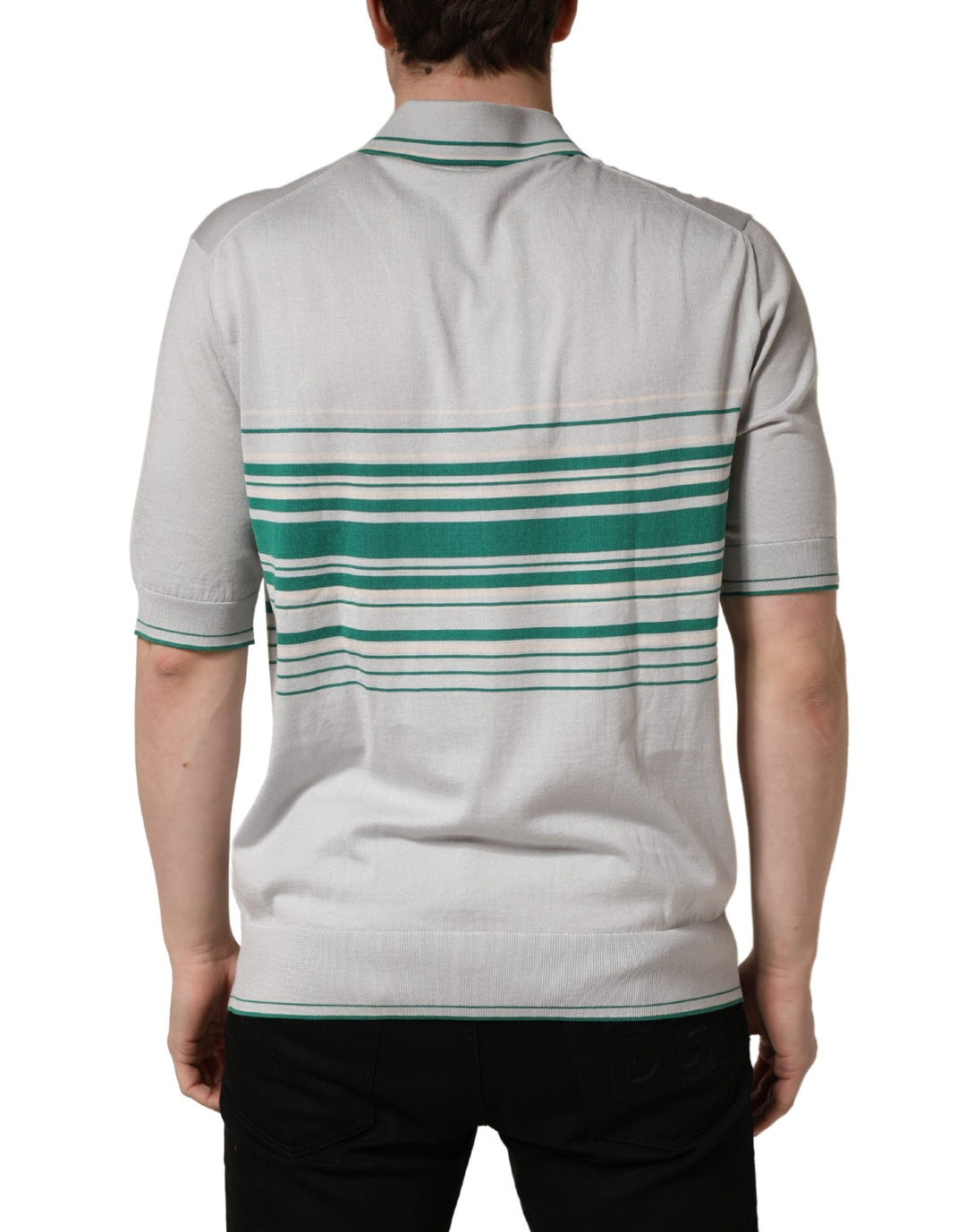 Dolce &amp; Gabbana Gray Green Striped Logo Silk Polo T-shirt