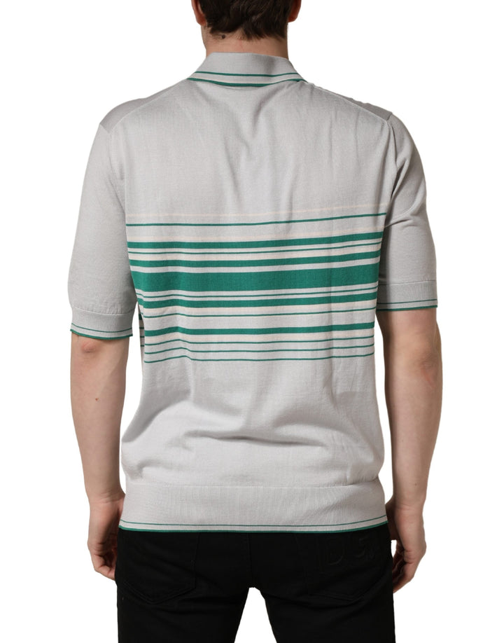 Dolce &amp; Gabbana Gray Green Striped Logo Silk Polo T-shirt