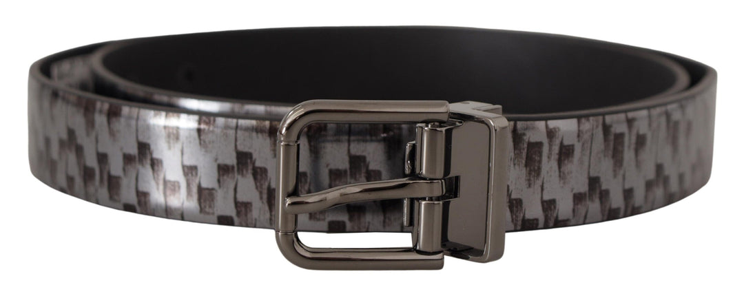 Dolce &amp; Gabbana Gray Herringbone Leather 3d Metal Buckle Belt