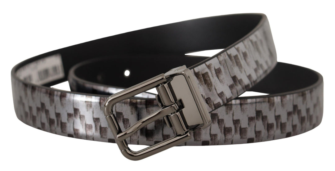 Dolce &amp; Gabbana Gray Herringbone Leather 3d Metal Buckle Belt