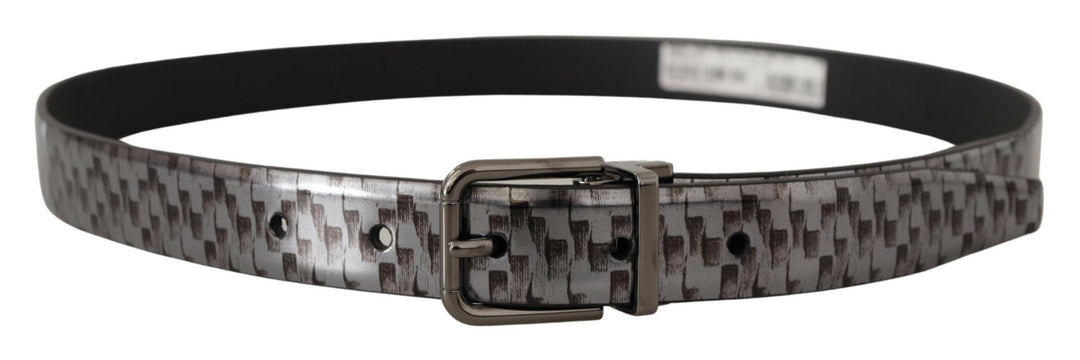 Dolce &amp; Gabbana Gray Herringbone Leather 3d Metal Buckle Belt
