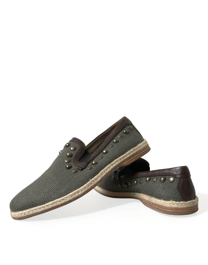 Men’s Dolce &amp; Gabbana Gray Linen Leather Studded Loafers Shoes