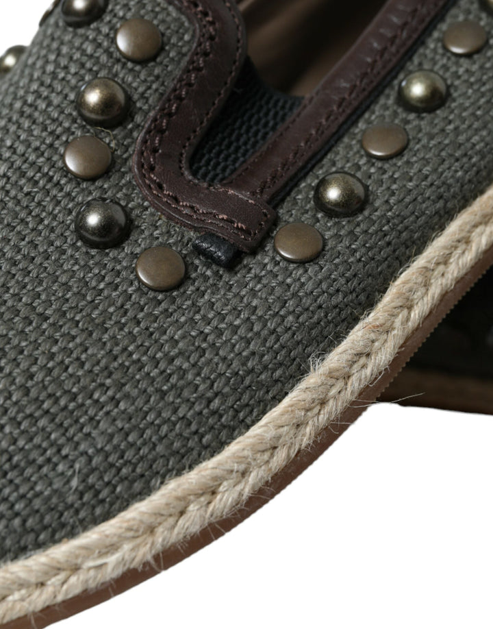 Men’s Dolce &amp; Gabbana Gray Linen Leather Studded Loafers Shoes