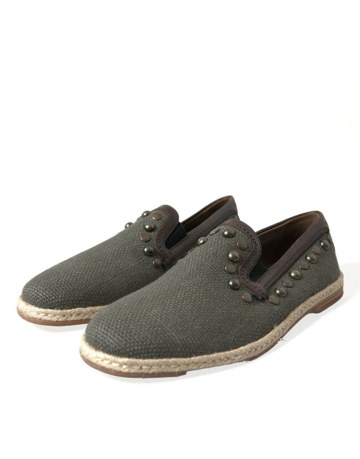 Men’s Dolce &amp; Gabbana Gray Linen Leather Studded Loafers Shoes