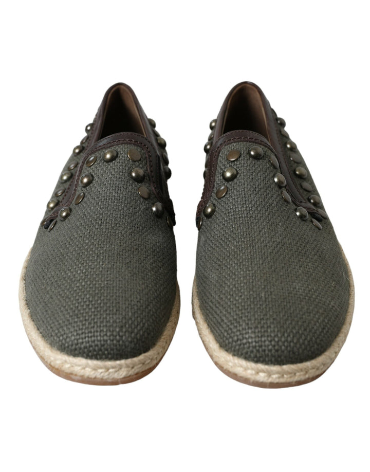 Men’s Dolce &amp; Gabbana Gray Linen Leather Studded Loafers Shoes