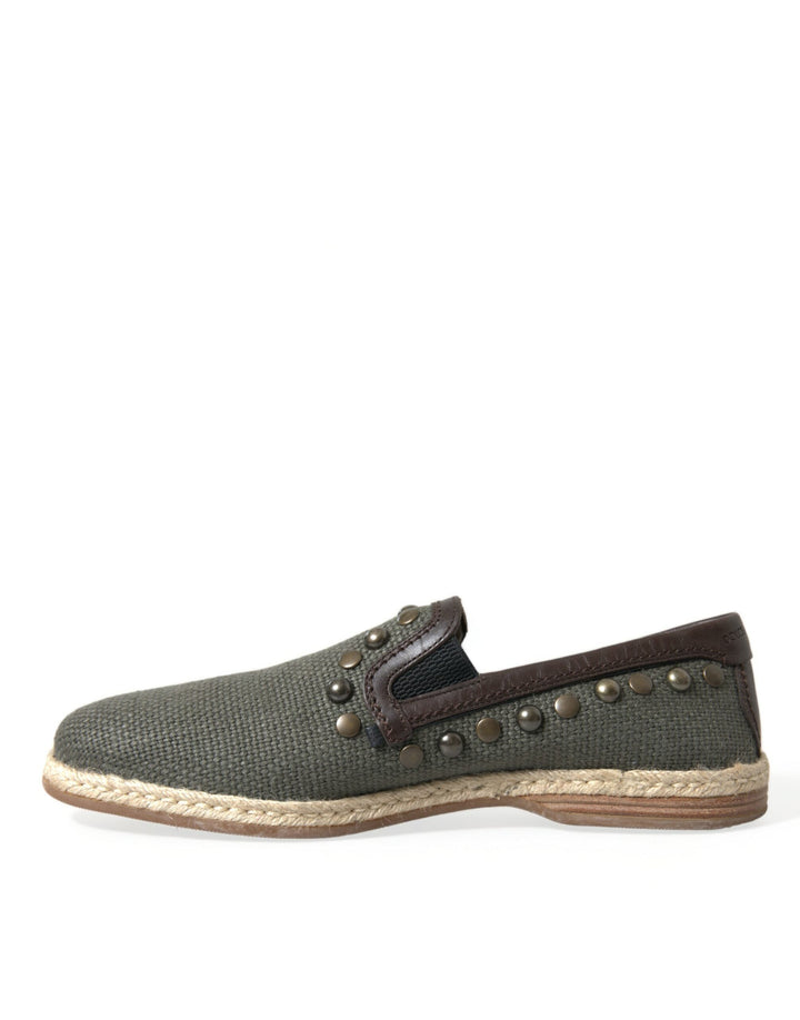 Men’s Dolce &amp; Gabbana Gray Linen Leather Studded Loafers Shoes