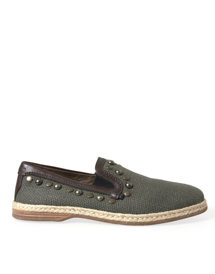 Men’s Dolce &amp; Gabbana Gray Linen Leather Studded Loafers Shoes