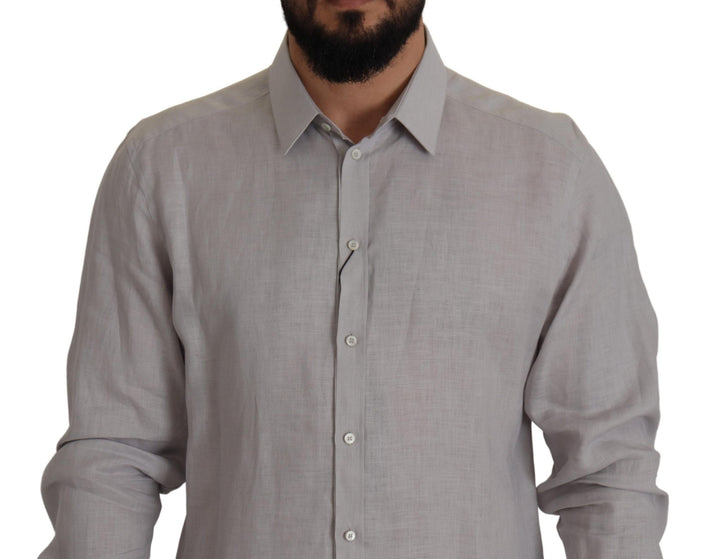 Men’s Dolce &amp; Gabbana Gray Linen Long Sleeves Formal Gold Shirt