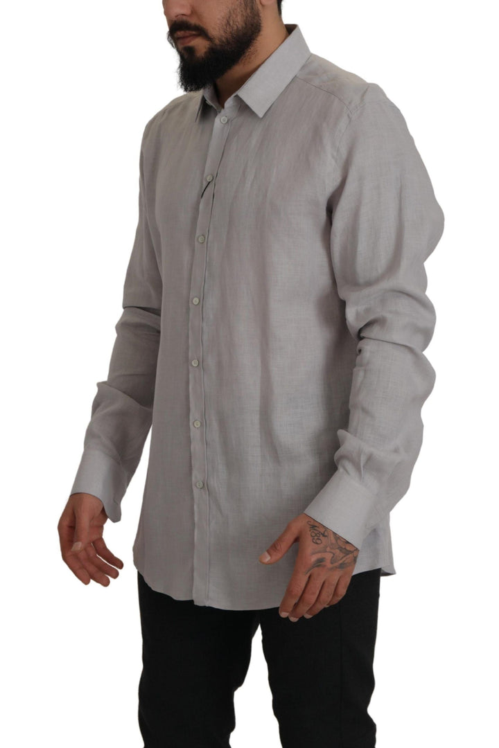 Men’s Dolce &amp; Gabbana Gray Linen Long Sleeves Formal Gold Shirt