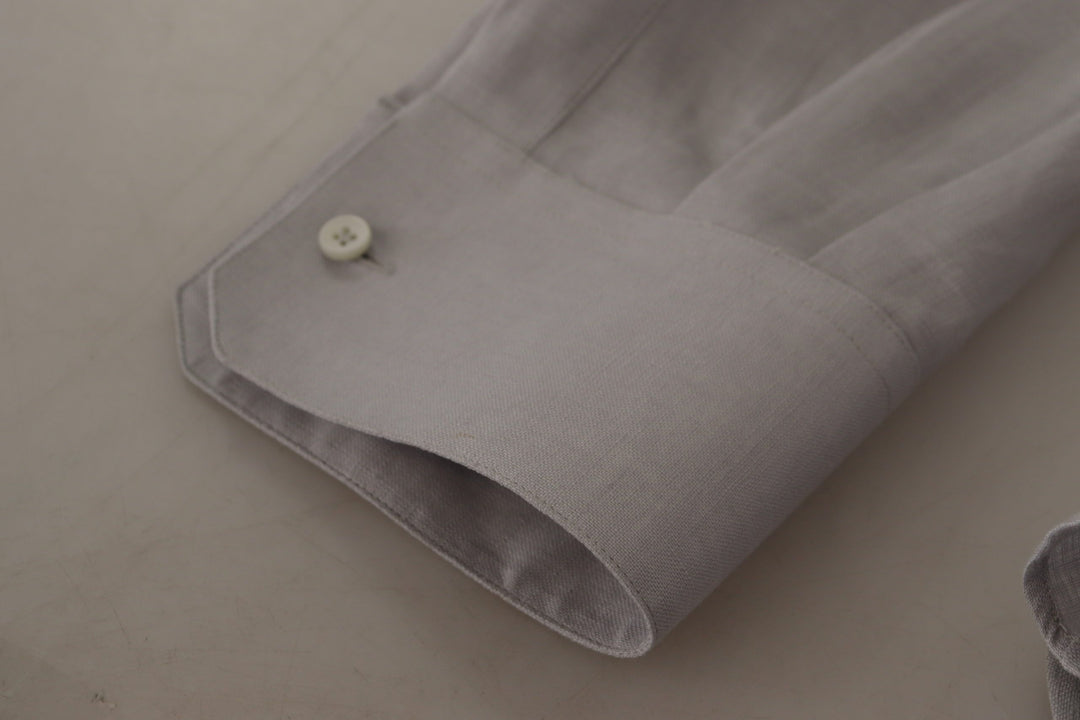 Men’s Dolce &amp; Gabbana Gray Linen Long Sleeves Formal Gold Shirt