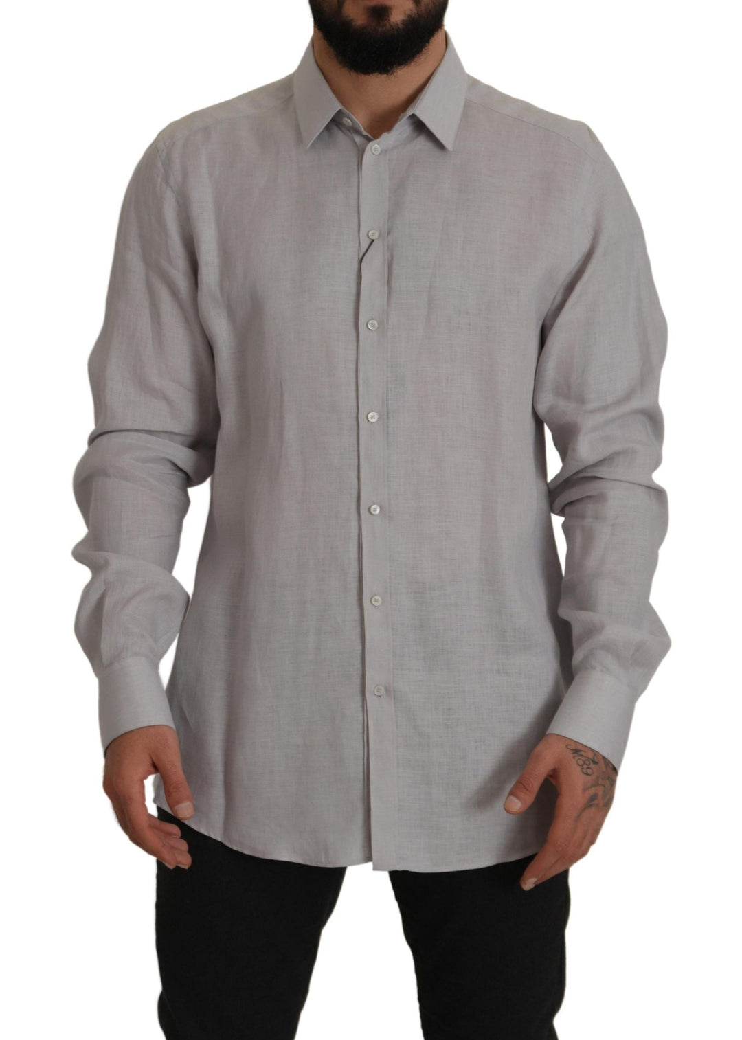 Men’s Dolce &amp; Gabbana Gray Linen Long Sleeves Formal Gold Shirt