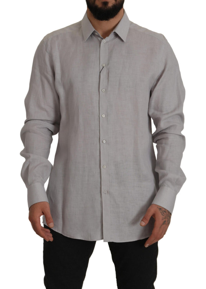 Men’s Dolce &amp; Gabbana Gray Linen Long Sleeves Formal Gold Shirt