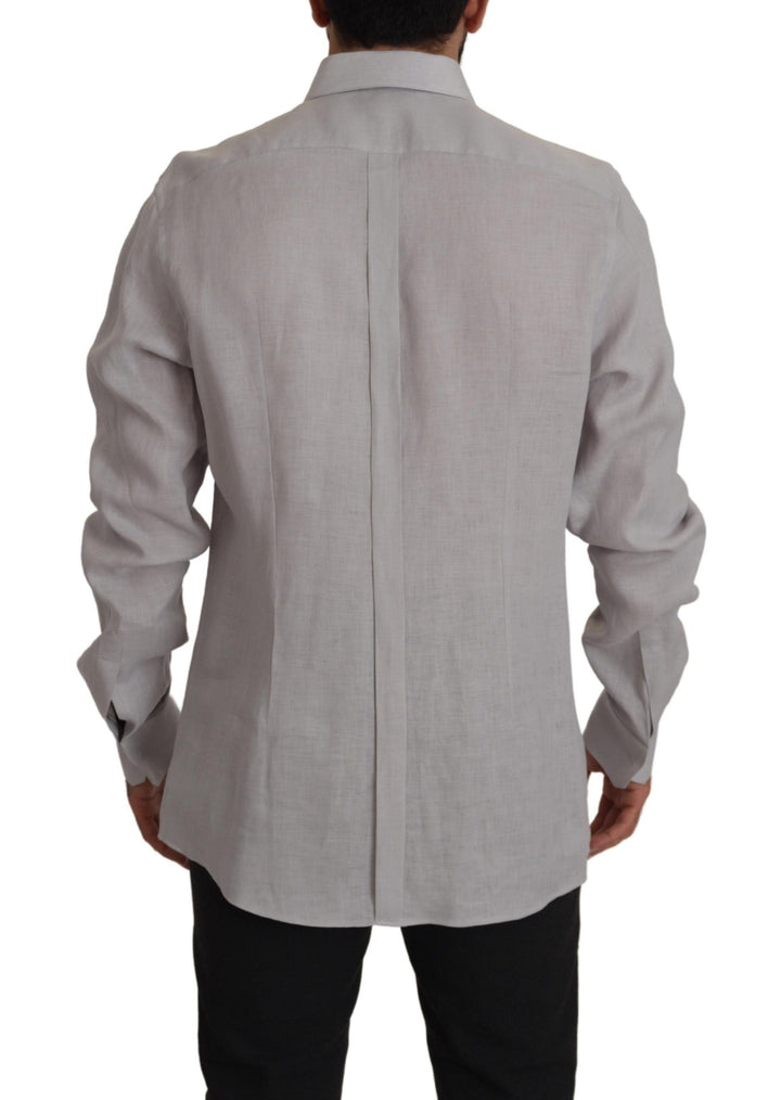 Men’s Dolce &amp; Gabbana Gray Linen Long Sleeves Formal Gold Shirt