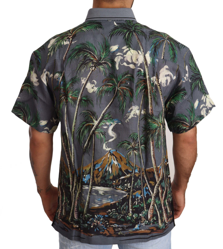 Dolce &amp; Gabbana Gray Linen Tropical Print Collared Shirt