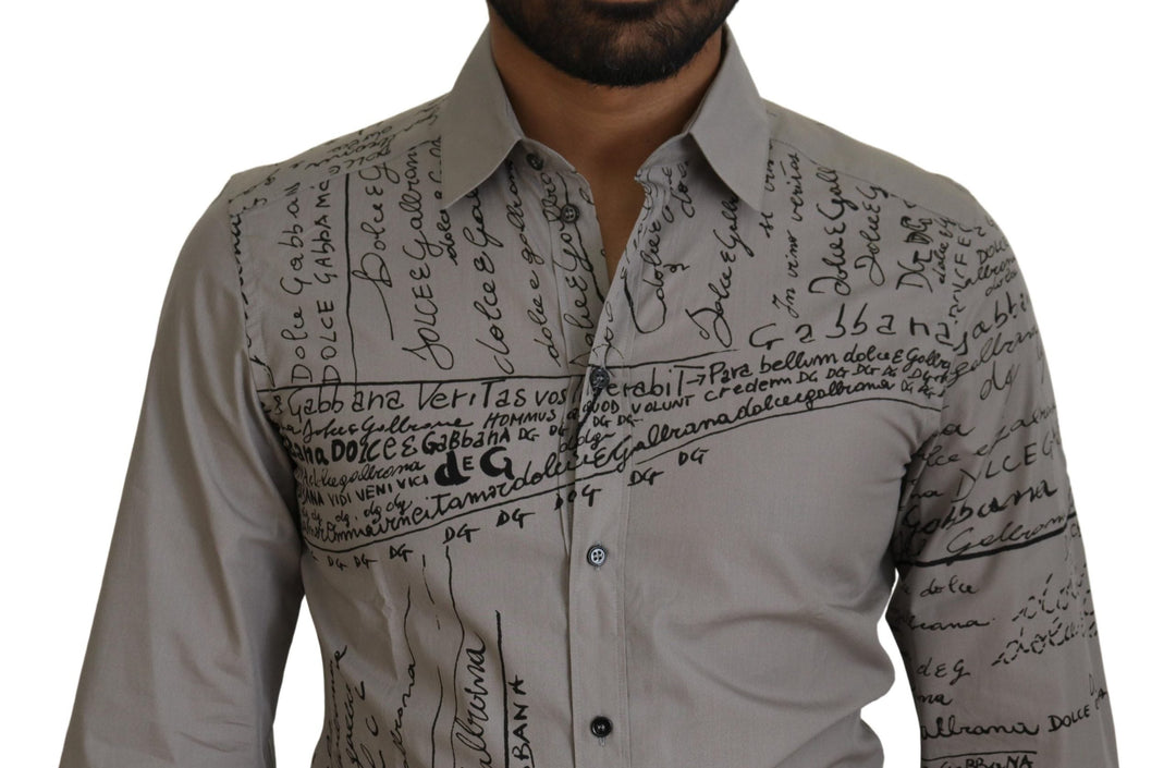 Men’s Dolce &amp; Gabbana Gray Printed Cotton Slim Dress Gold Shirt