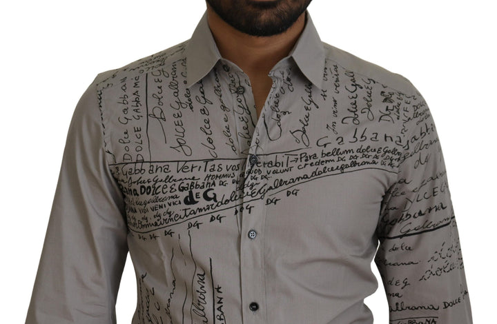 Men’s Dolce &amp; Gabbana Gray Printed Cotton Slim Dress Gold Shirt