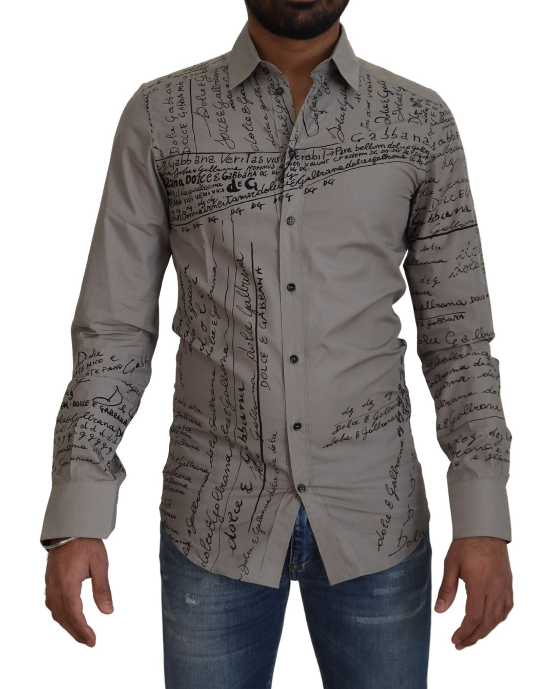 Men’s Dolce &amp; Gabbana Gray Printed Cotton Slim Dress Gold Shirt