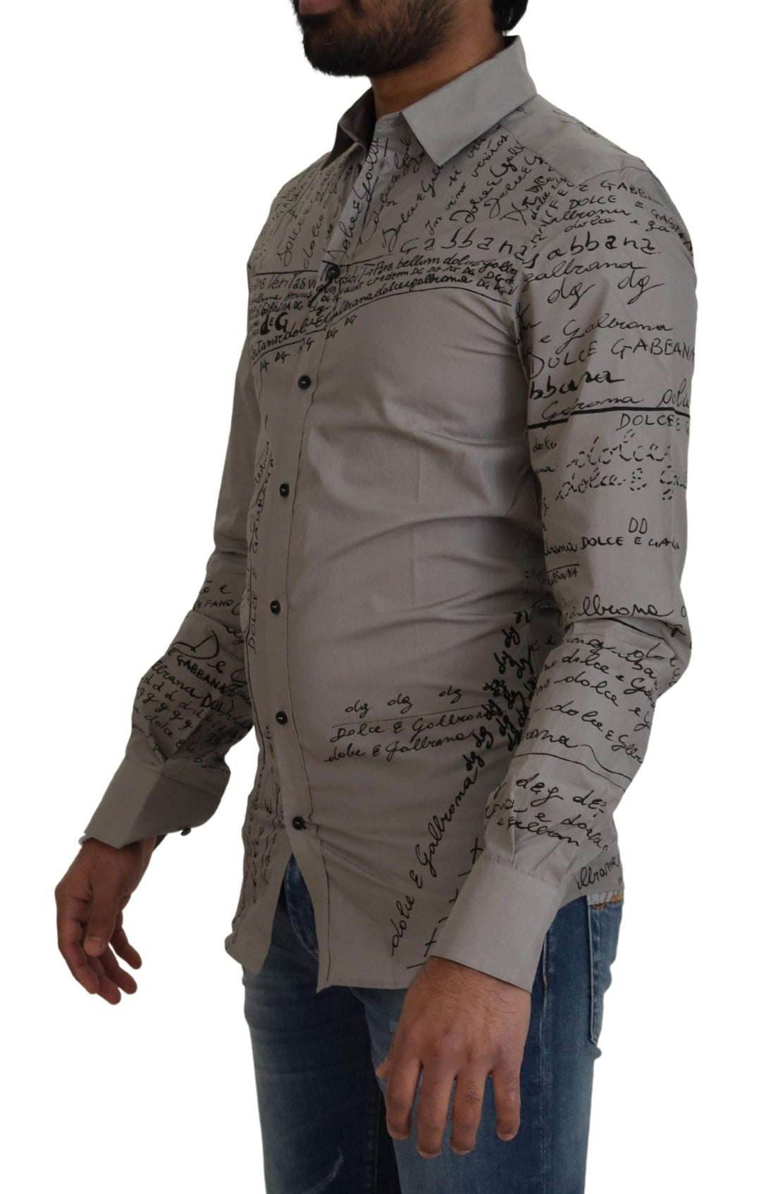 Men’s Dolce &amp; Gabbana Gray Printed Cotton Slim Dress Gold Shirt