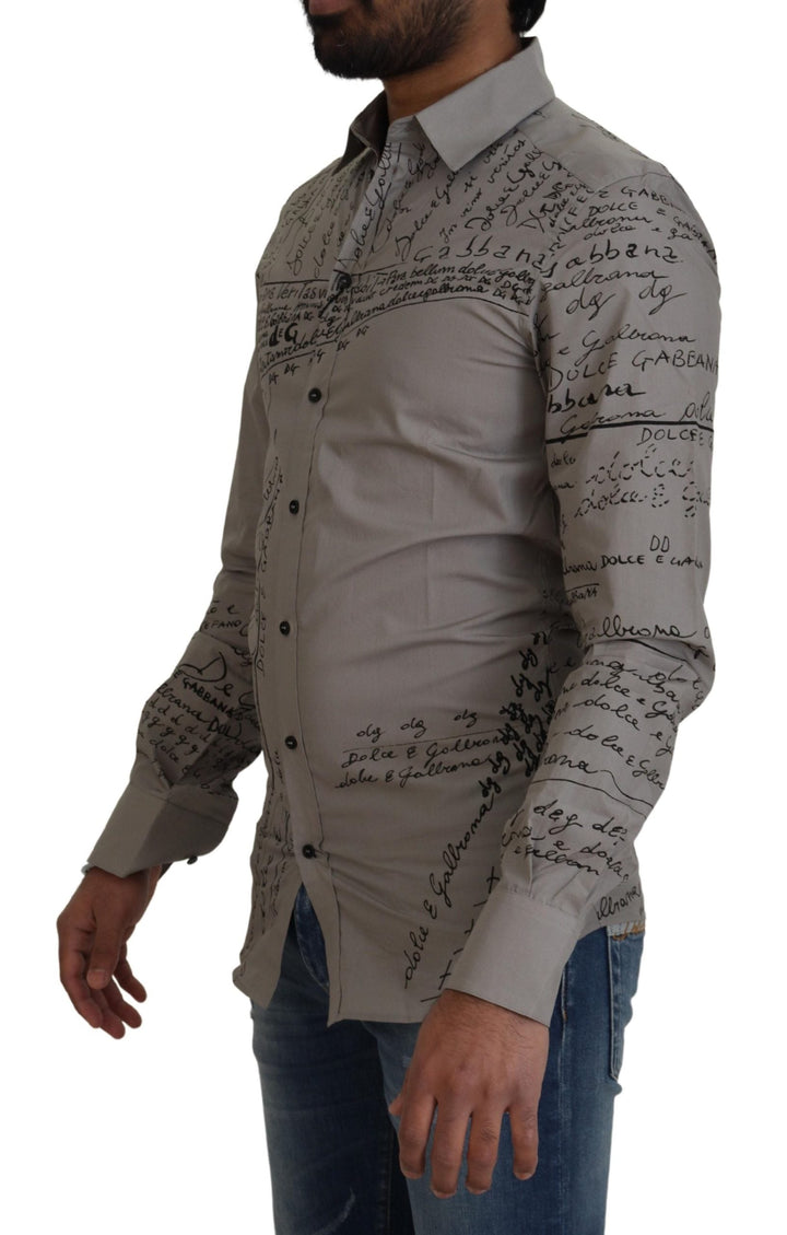 Men’s Dolce &amp; Gabbana Gray Printed Cotton Slim Dress Gold Shirt