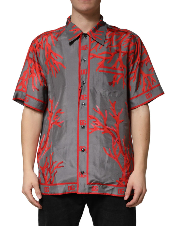 Dolce &amp; Gabbana Gray Red Corals Short Sleeves Casual Shirt