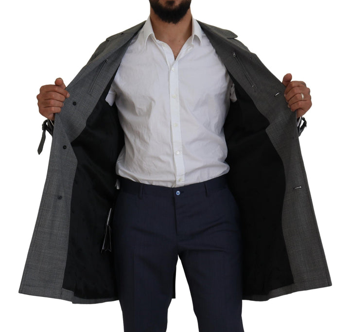 Men’s Dolce &amp; Gabbana Gray Wool Plaid Long Trench Coat Jacket