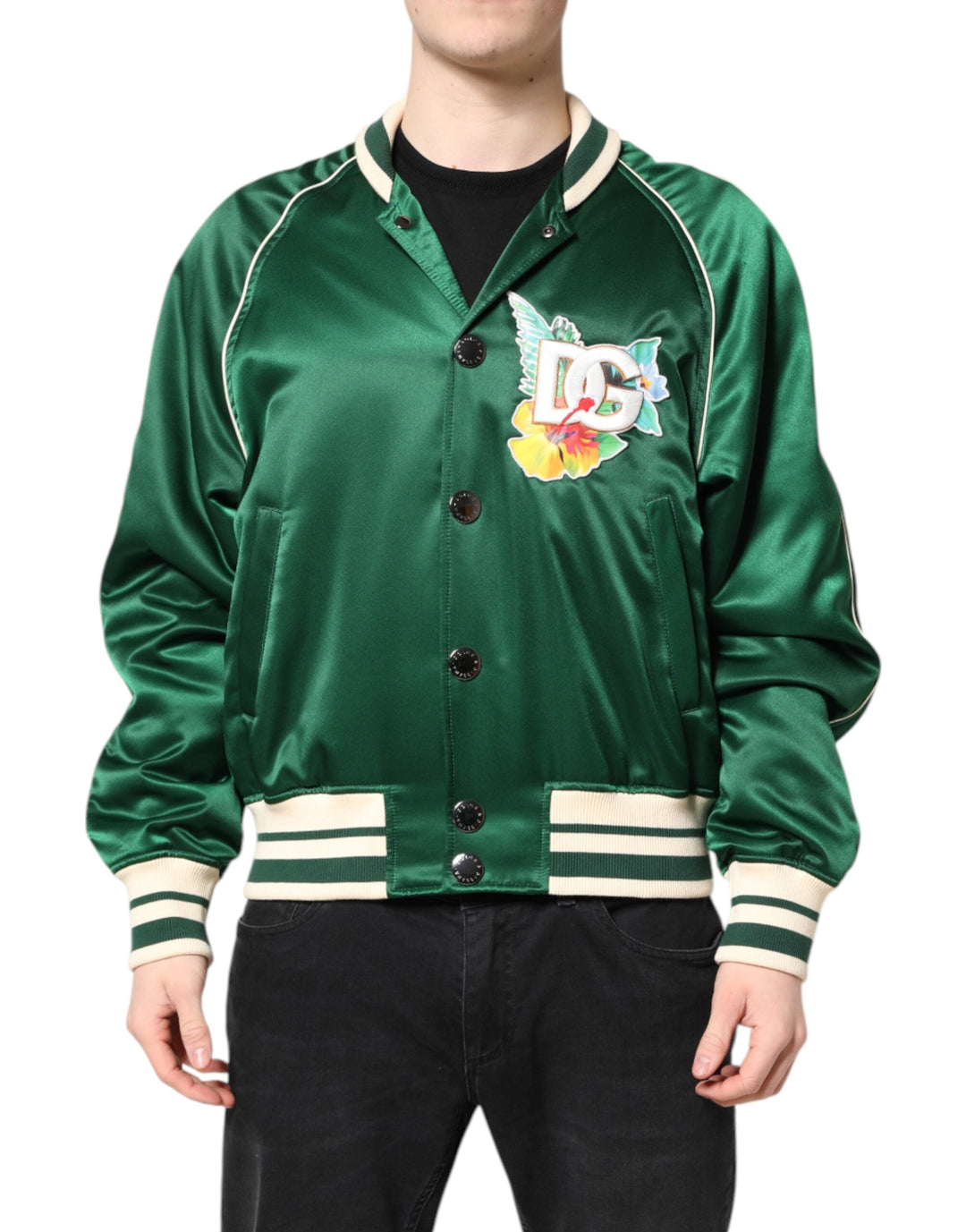Men’s Dolce &amp; Gabbana Green Floral Dg Logo Full Zip Bomber Jacket