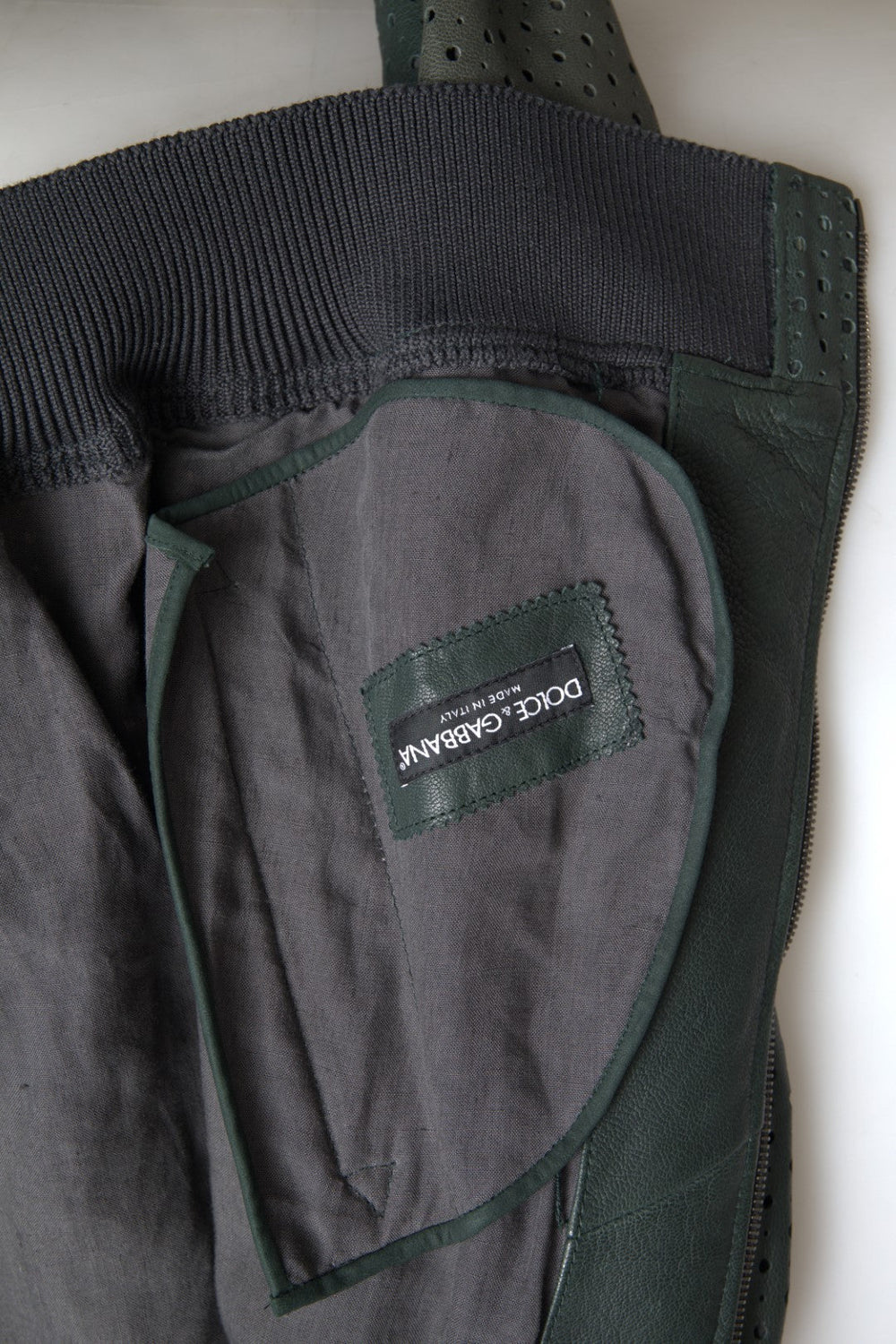 Men’s Dolce & Gabbana Green Perforated Leather Bomber Jacket