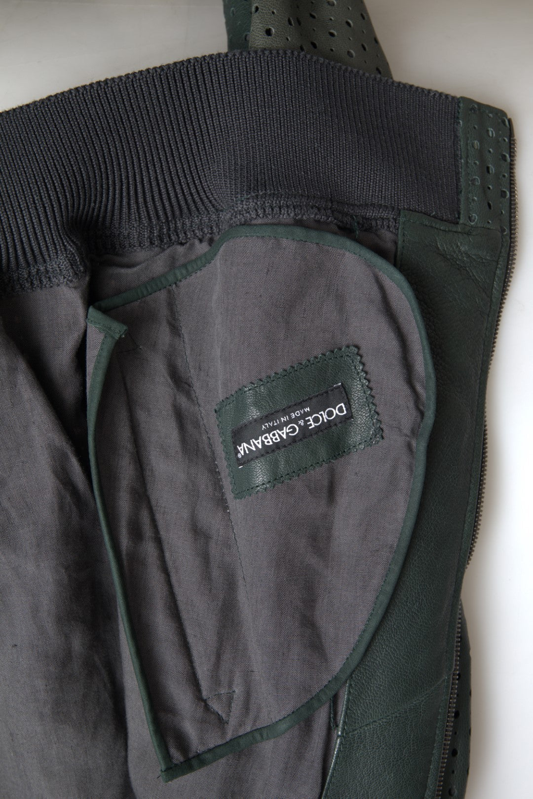 Men’s Dolce &amp; Gabbana Green Perforated Leather Bomber Jacket