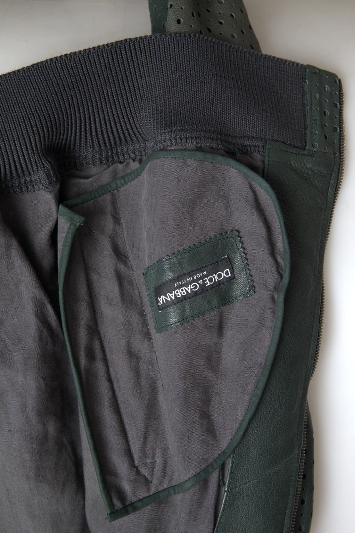 Men’s Dolce &amp; Gabbana Green Perforated Leather Bomber Jacket