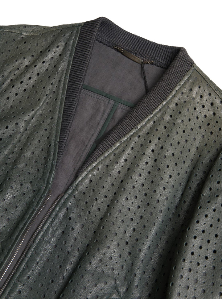 Men’s Dolce &amp; Gabbana Green Perforated Leather Bomber Jacket