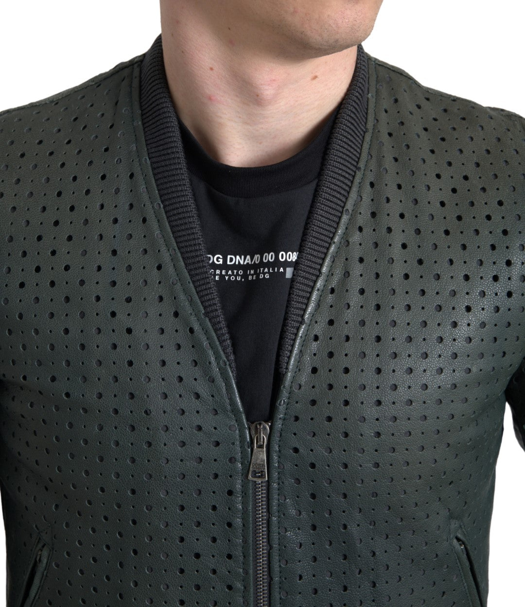 Men’s Dolce &amp; Gabbana Green Perforated Leather Bomber Jacket