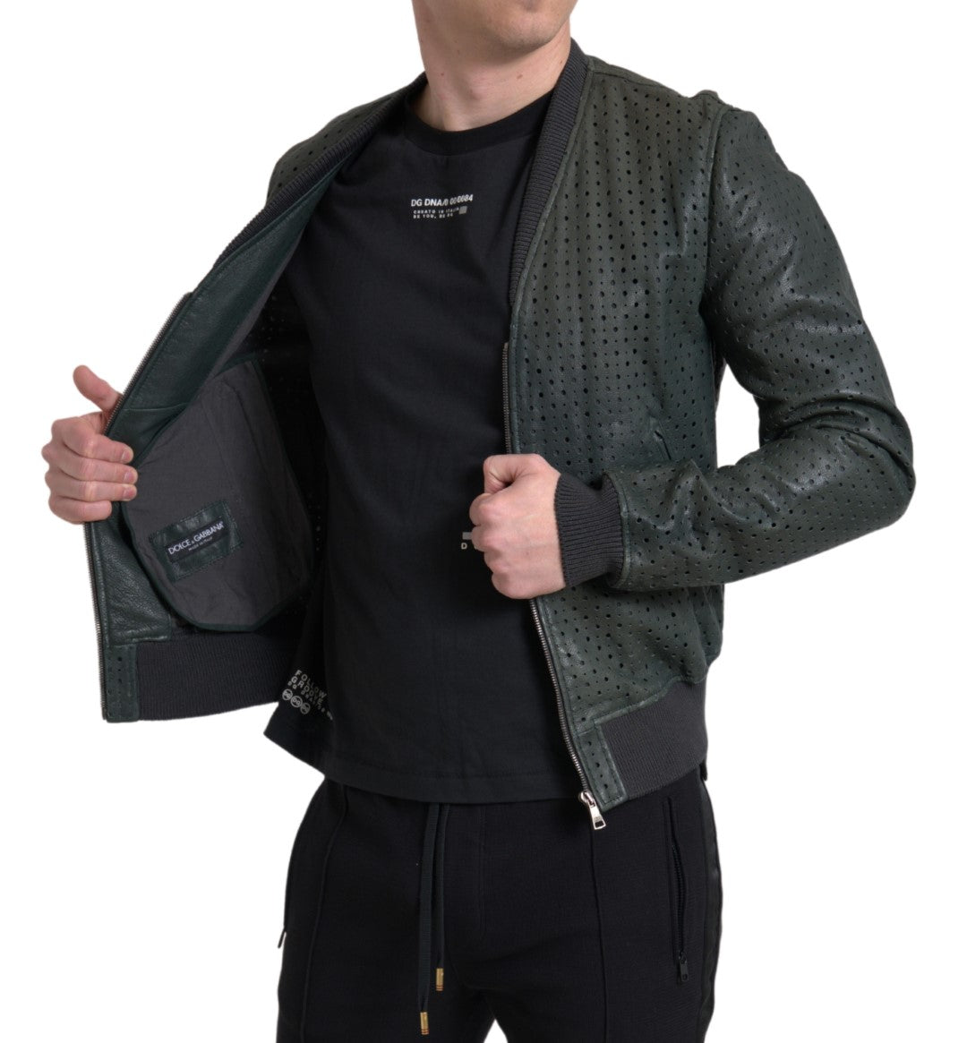 Men’s Dolce &amp; Gabbana Green Perforated Leather Bomber Jacket