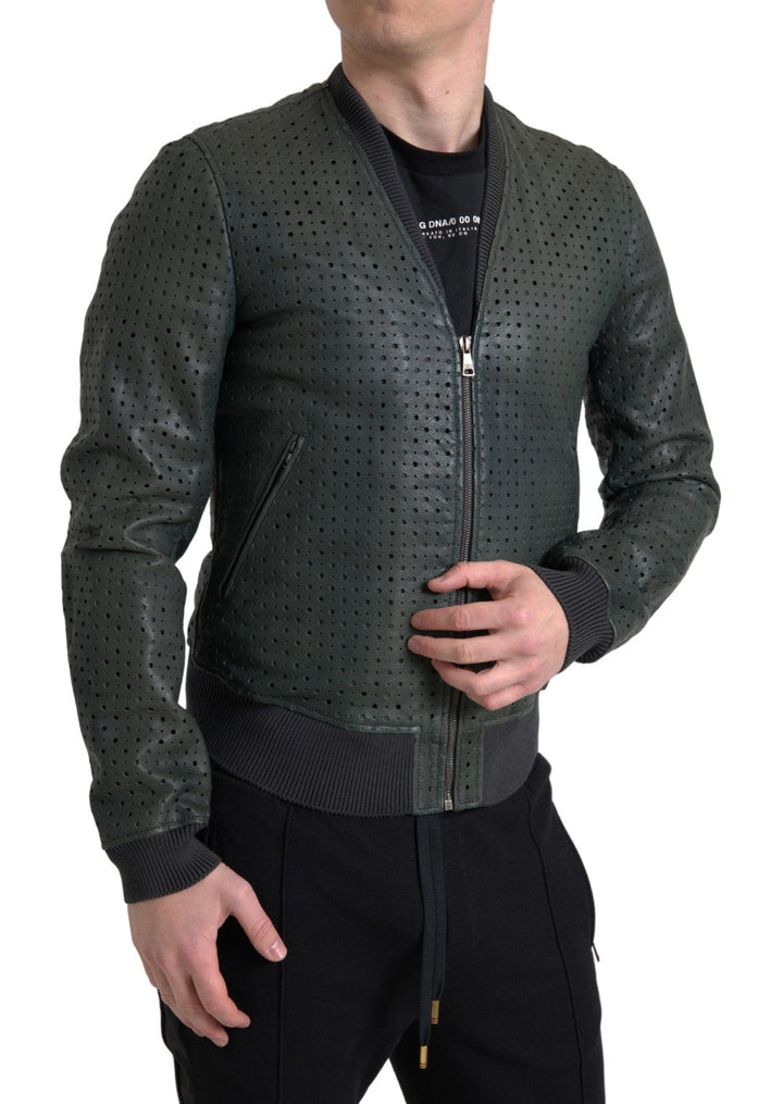 Men’s Dolce &amp; Gabbana Green Perforated Leather Bomber Jacket