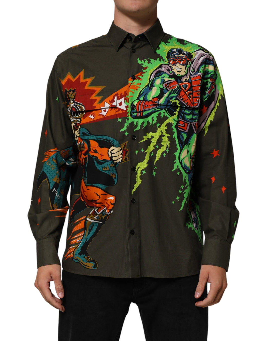 Dolce &amp; Gabbana Green Superhero Print Button Down Shirt