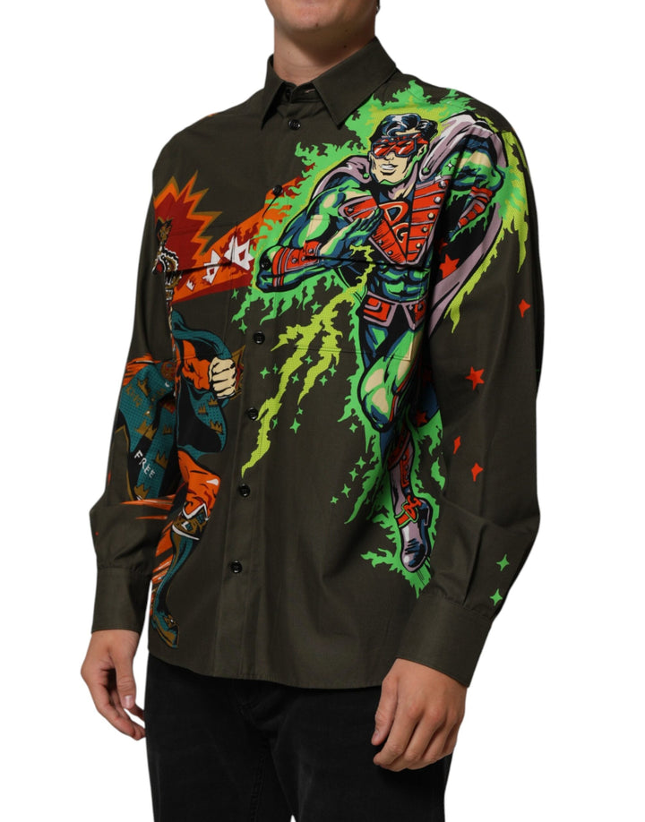 Dolce &amp; Gabbana Green Superhero Print Button Down Shirt