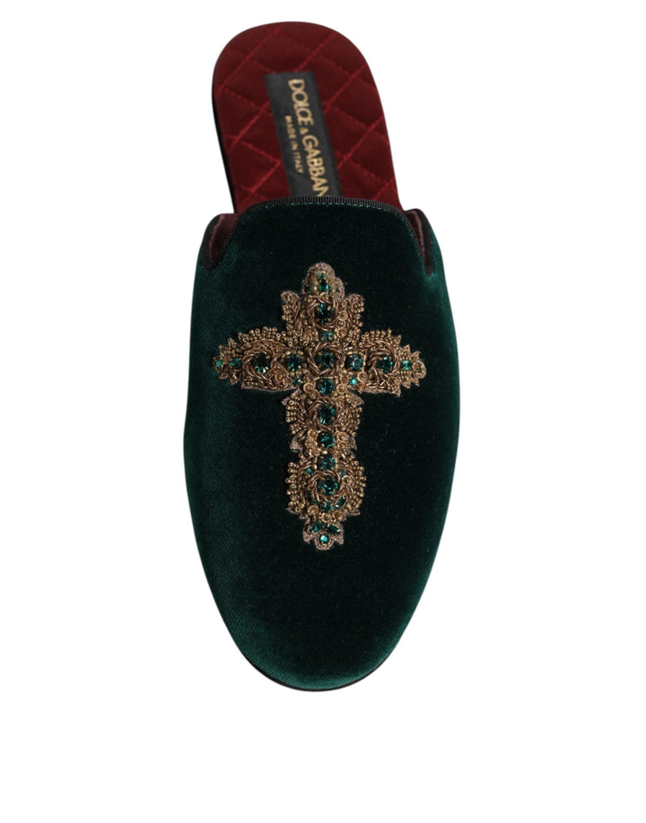 Men’s Dolce &amp; Gabbana Green Velvet Cross Embellished Slippers Shoes
