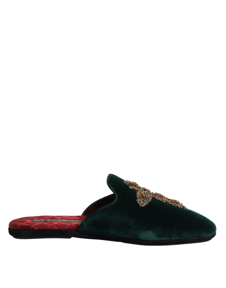 Men’s Dolce &amp; Gabbana Green Velvet Cross Embellished Slippers Shoes