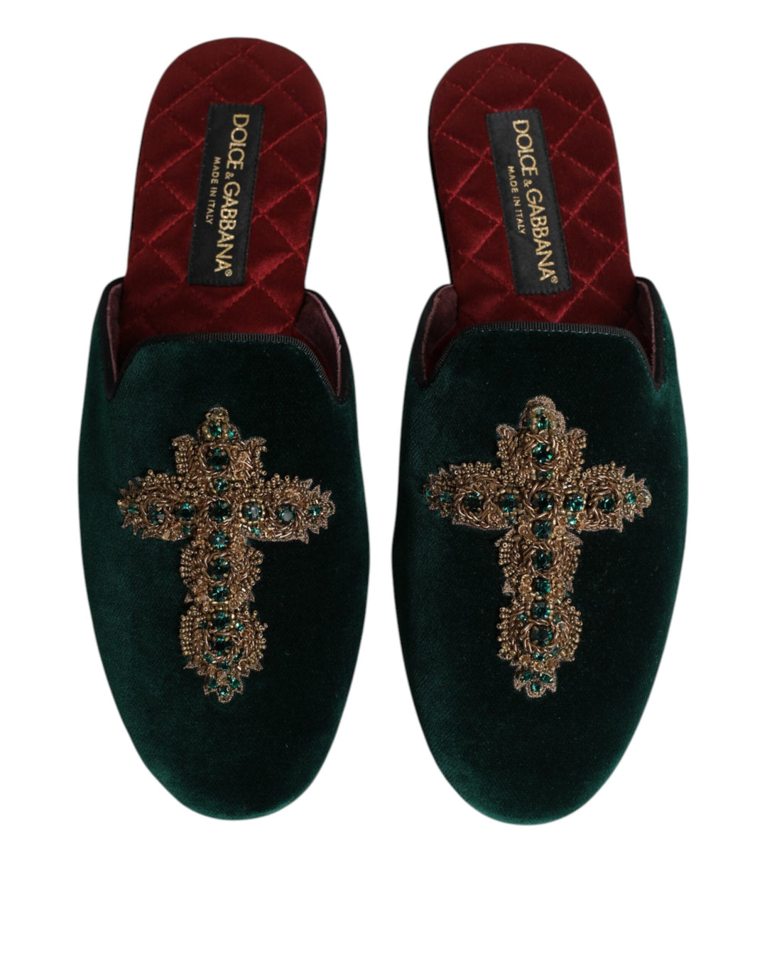 Men’s Dolce &amp; Gabbana Green Velvet Cross Embellished Slippers Shoes