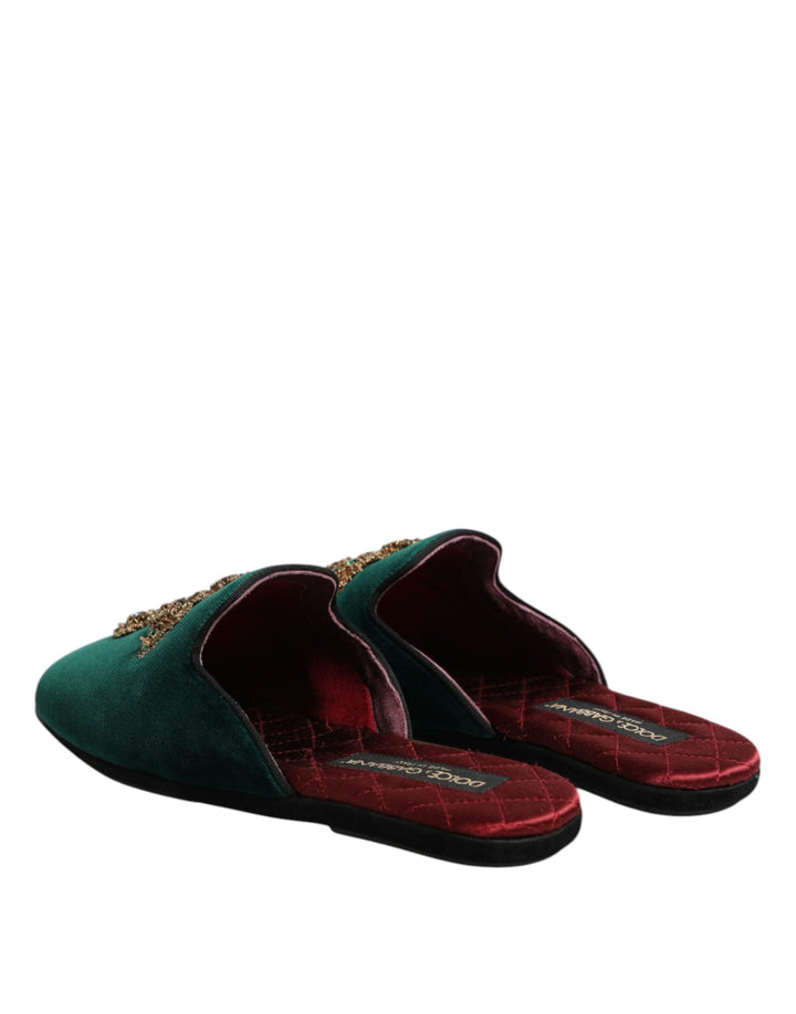 Men’s Dolce &amp; Gabbana Green Velvet Cross Embellished Slippers Shoes